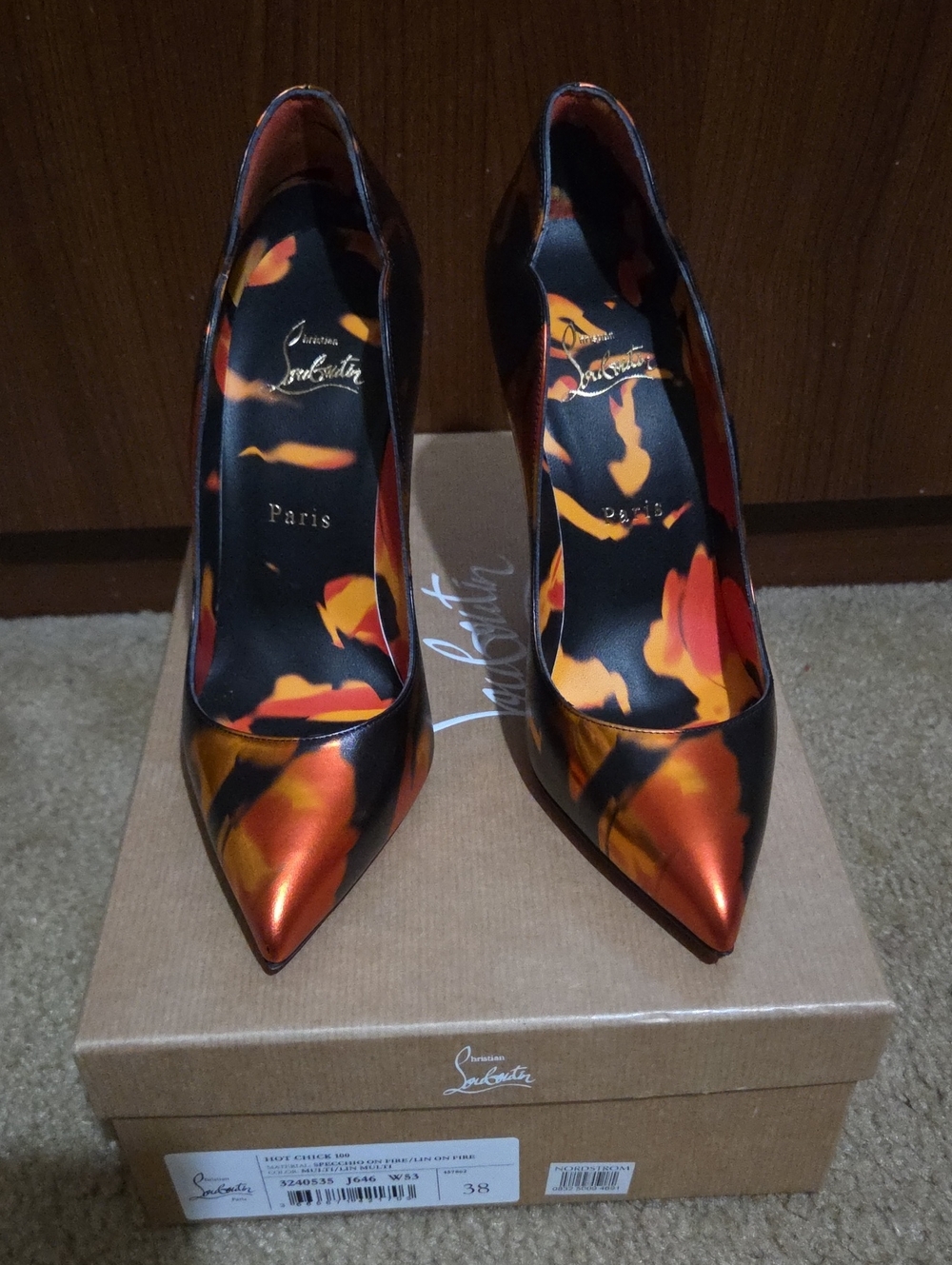 Christian Louboutin Orange and Black Floral Satin Pointed Pumps